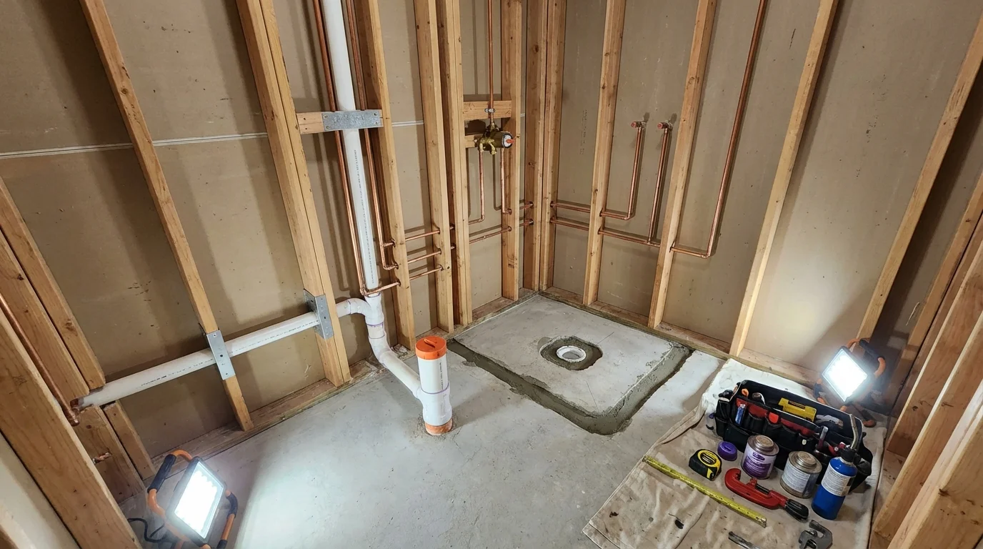 Bathroom rough-in plumbing during remodel by Johns Plumbing LLC in Oak Hill