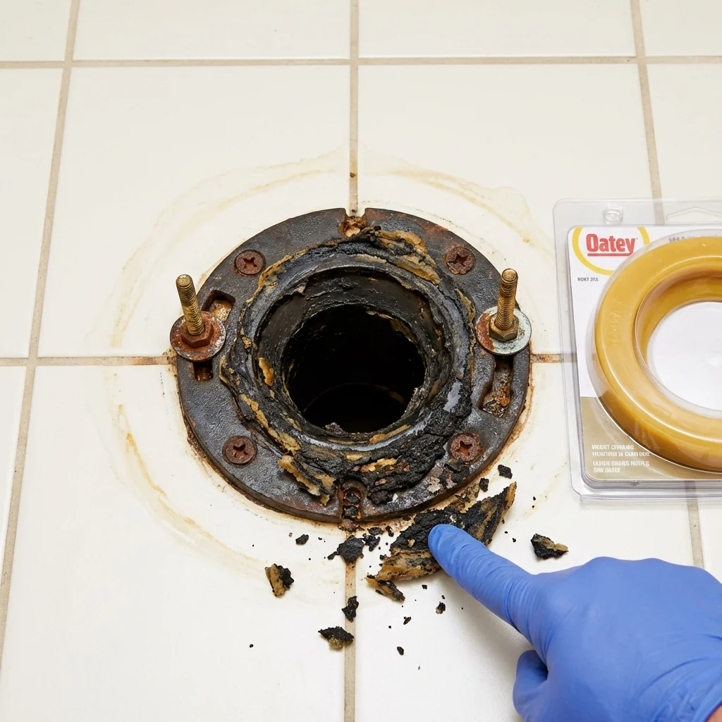 Failed wax ring showing water seepage at the base of a toilet in a Oak Hill, WV home